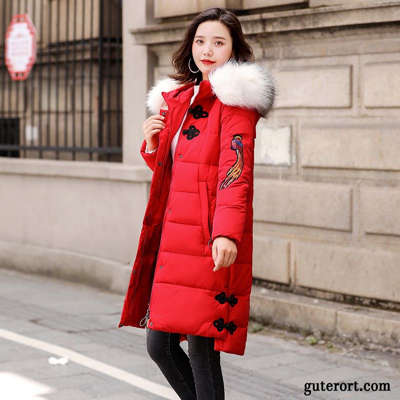 Baumwolle Mantel Damen Verdickung Elegant Lange Ärmel Pelz Kragen Mode Reißverschluss Rot