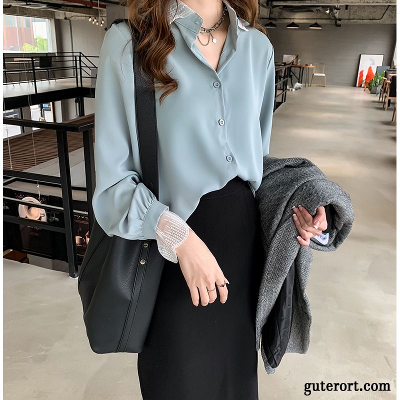 Blusen Damen Spitze Neu Winter Schüler Chiffon Spleißen Blau