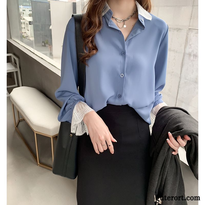 Blusen Damen Spitze Neu Winter Schüler Chiffon Spleißen Blau