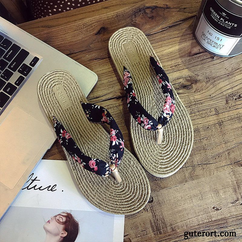 Flip Flops Damen Allgleiches Sommer Flache Gummi Sandfarben Schwarz