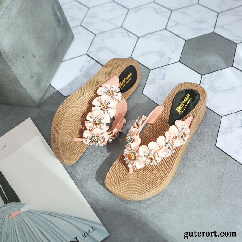 Flip Flops Damen Erhöht Keilschuhe Rutschsicher Dicke Sohle Sommer Hausschuhe Sandfarben Weiß