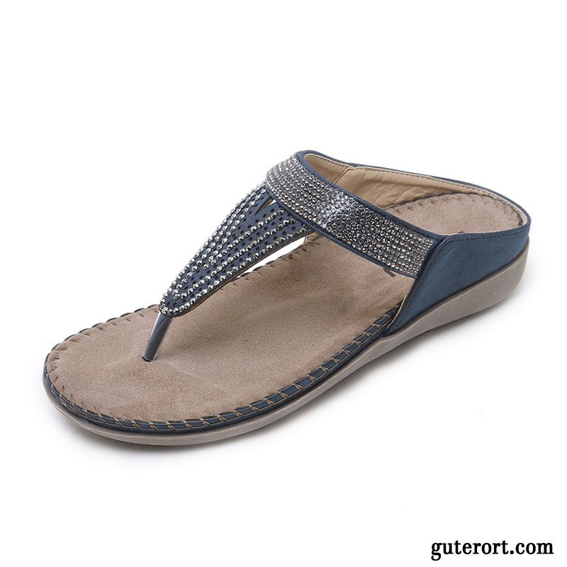 Flip Flops Damen Flache Rutschsicher Neue Weiche Sohle Pantolette Gemütlich Sandfarben Blau