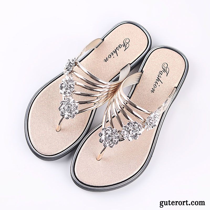 Flip Flops Damen Flache Strasssteine Gemütlich Hausschuhe Mode Sommer Schwarz