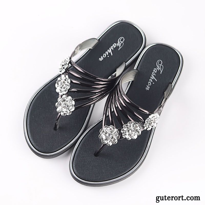 Flip Flops Damen Flache Strasssteine Gemütlich Hausschuhe Mode Sommer Schwarz