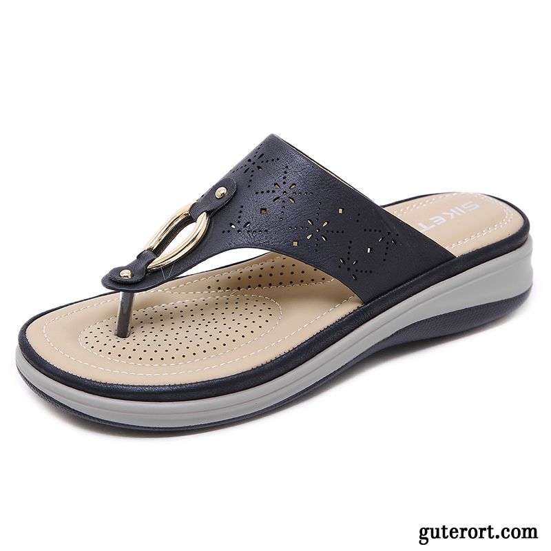 Flip Flops Damen Hausschuhe Mode Sommer Allgleiches Nationalen Stil Dicke Sohle Sandfarben Schwarz