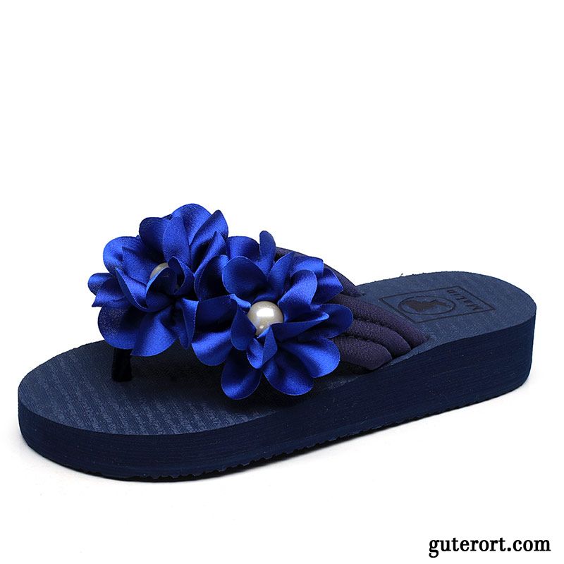 Flip Flops Damen Mode Hausschuhe Rutschsicher Dicke Sohle Sommer Pantolette Sandfarben Blau