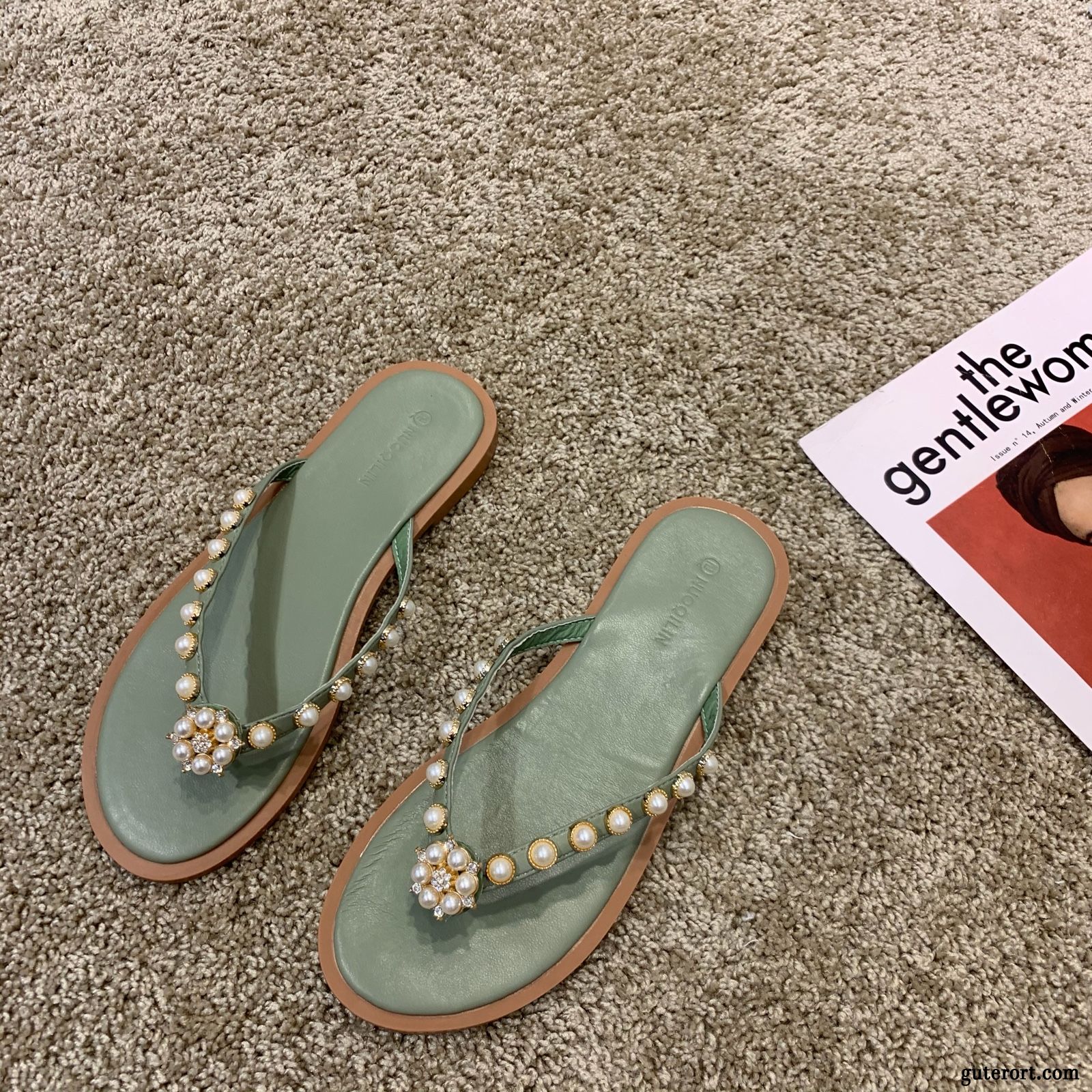 Flip Flops Damen Perle Hausschuhe Flache Einfach Sandfarben Gelb