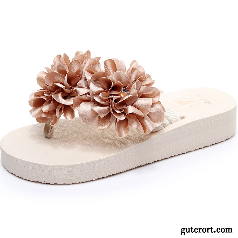 Flip Flops Damen Rutschsicher Sommer Keilschuhe Dicke Sohle Hausschuhe Mode Sandfarben Weiß