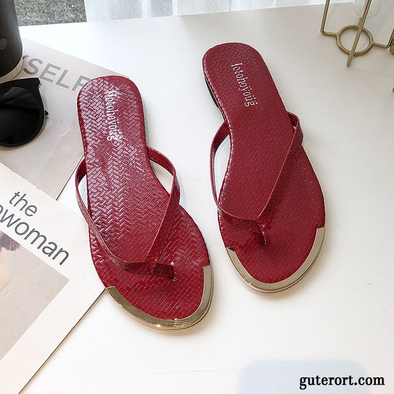 Flip Flops Damen Sommer Flache Neue Schuhe Pantolette Europa Sandfarben Rot