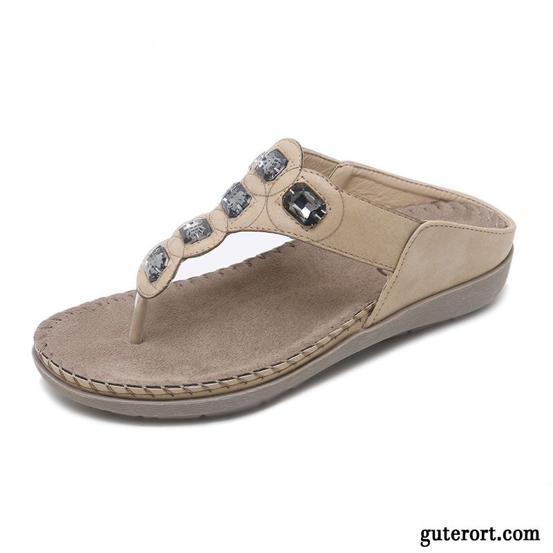 Flip Flops Damen Weiche Sohle Strasssteine Schuhe Gemütlich Rutschsicher Flache Sandfarben Blau