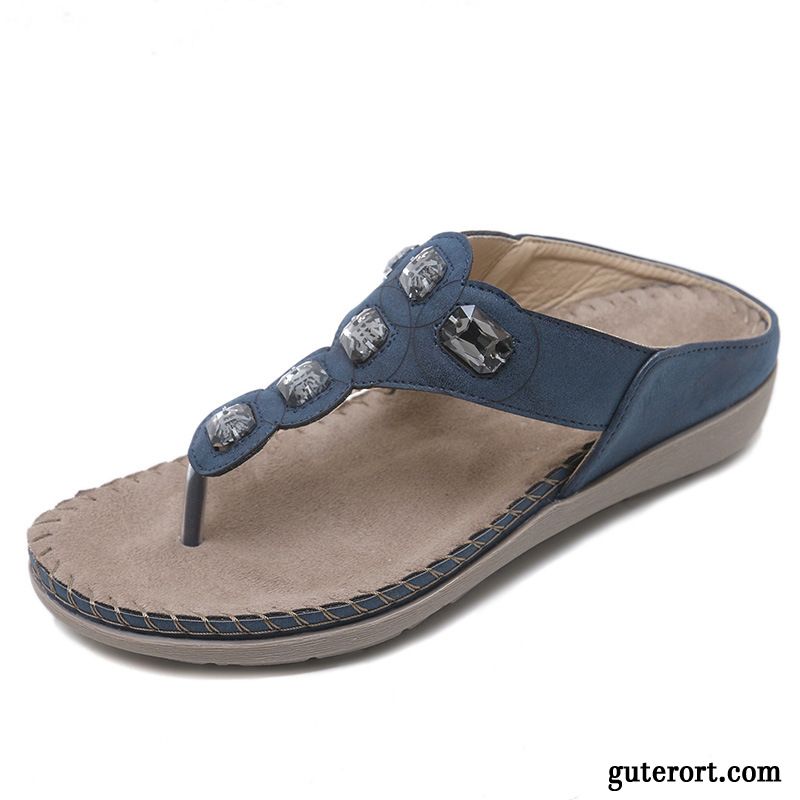 Flip Flops Damen Weiche Sohle Strasssteine Schuhe Gemütlich Rutschsicher Flache Sandfarben Blau