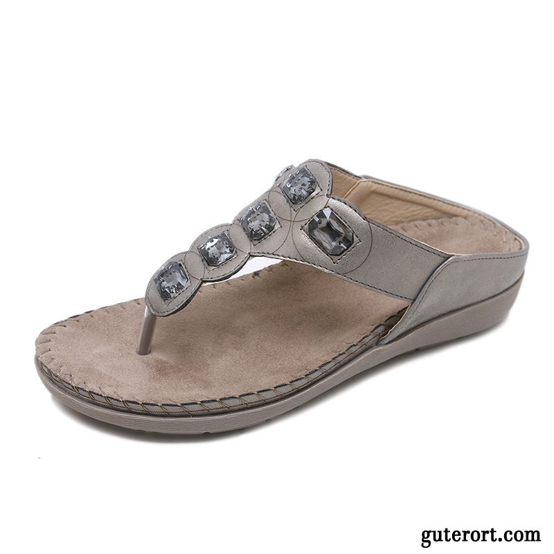 Flip Flops Damen Weiche Sohle Strasssteine Schuhe Gemütlich Rutschsicher Flache Sandfarben Blau