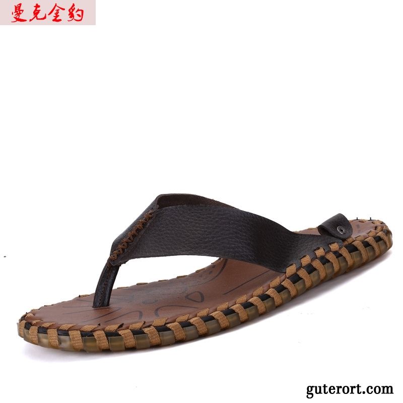 Flip Flops Herren Hausschuhe Echtleder Sommer Trend Rutschsicher Sandfarben Schwarz