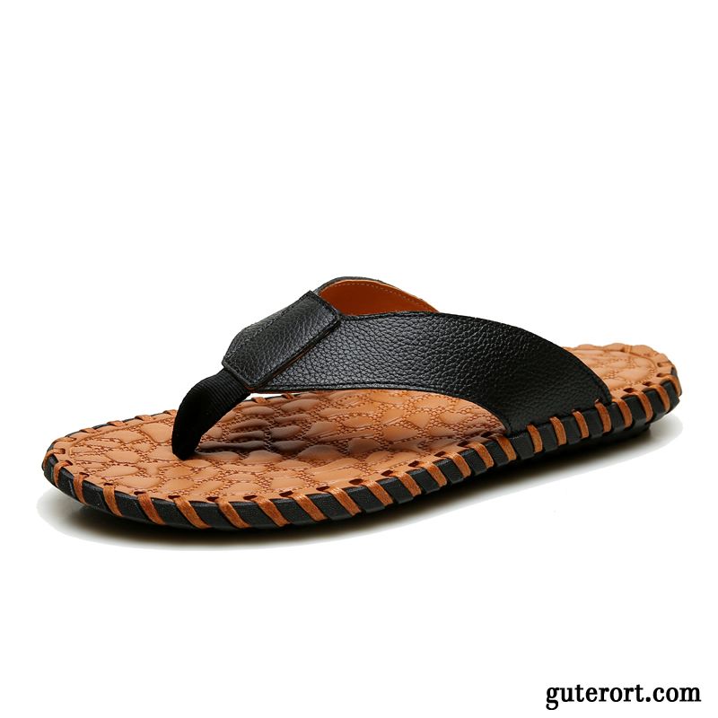 Flip Flops Herren Pantolette Echtleder Persönlichkeit Hausschuhe Trend Sommer Sandfarben Schwarz Rot