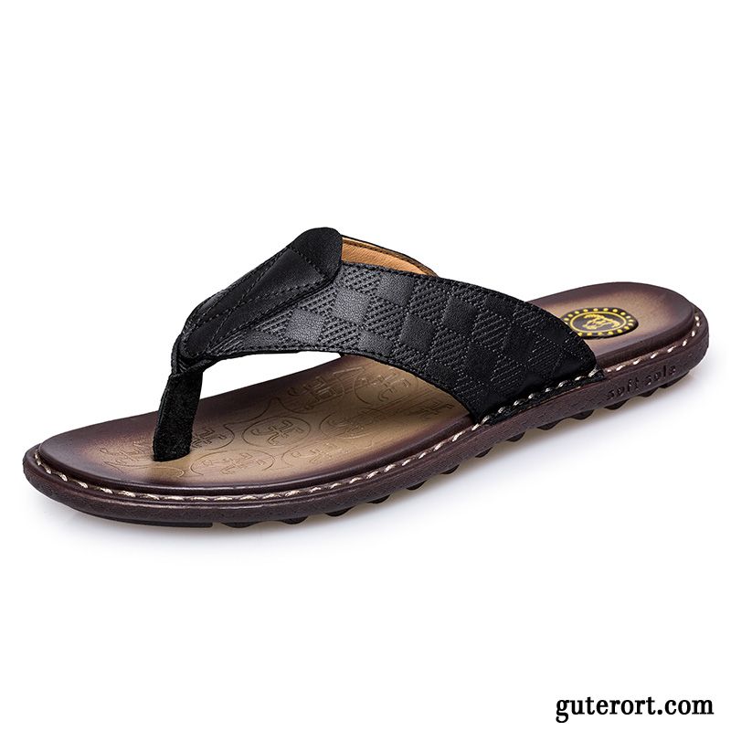 Flip Flops Herren Pantolette Neue Rutschsicher Echtleder Casual Tragen Sandfarben Braun