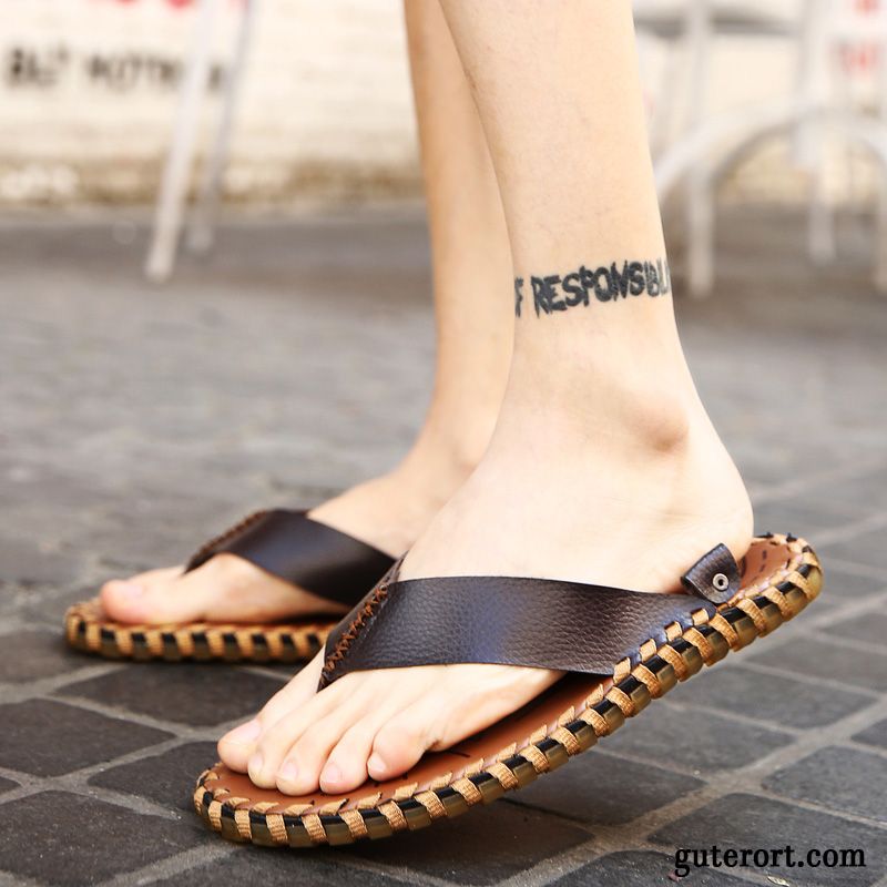 Flip Flops Herren Rutschsicher Sandalen Echtleder Pantolette Europa Sommer Sandfarben Schwarz