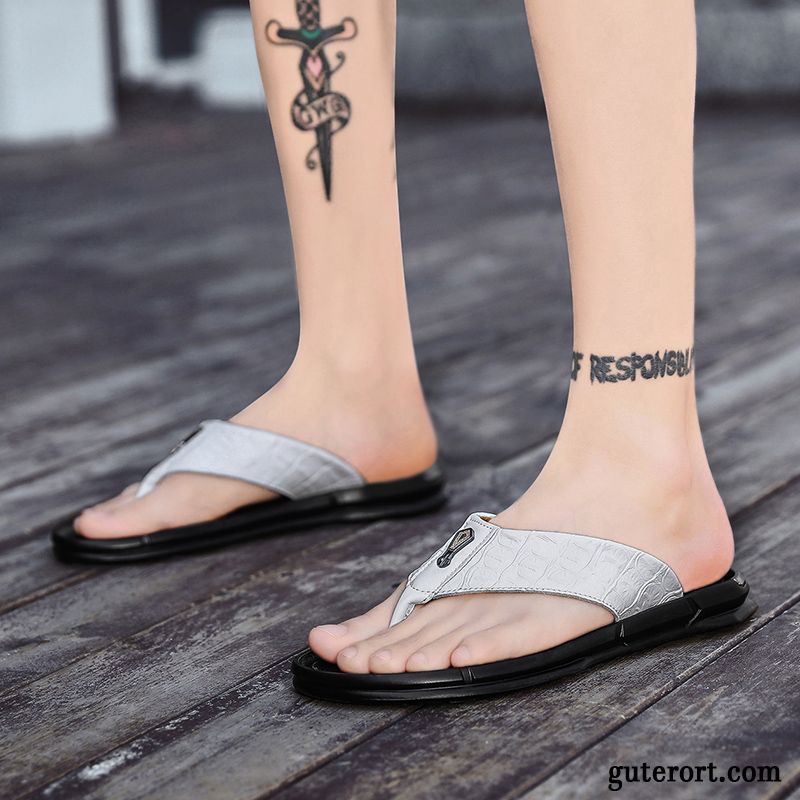 Flip Flops Herren Sommer Echtleder Sandalen Persönlichkeit Trend Neue Sandfarben Weiß