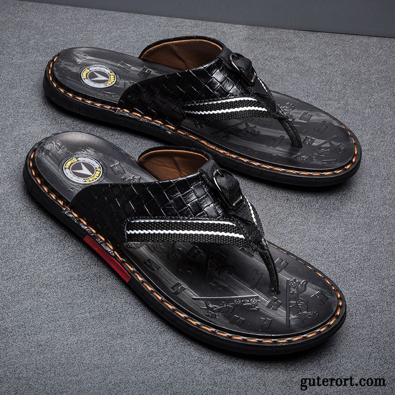 Flip Flops Herren Trend Hausschuhe Sommer Echtleder Weiche Sohle Persönlichkeit Sandfarben Schwarz