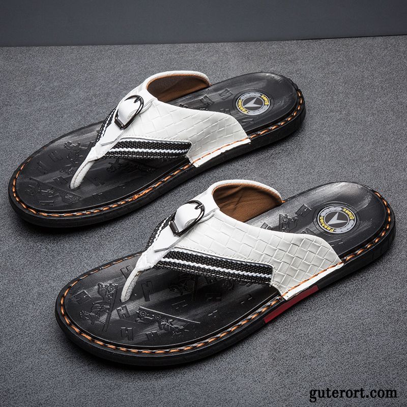 Flip Flops Herren Trend Hausschuhe Sommer Echtleder Weiche Sohle Persönlichkeit Sandfarben Schwarz