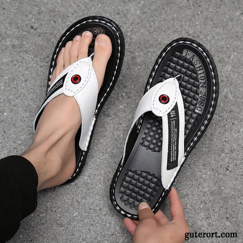 Flip Flops Herren Weiche Sohle Pantolette Trend Sommer Sandalen Echtleder Sandfarben Weiß