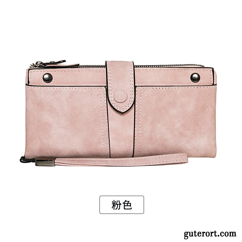 Geldbörse Damen Falten Neu Retro Nubuck Brieftasche Langer Abschnitt Rosa Beige