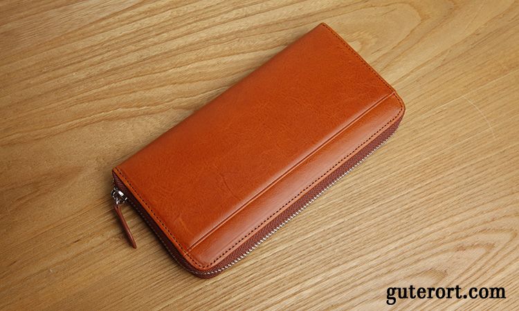 Geldbörse Herren Original Reißverschluss Clutch Echt Leder Langer Abschnitt Top Leder Orange Blau Braun