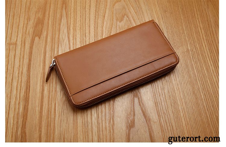 Geldbörse Herren Original Reißverschluss Clutch Echt Leder Langer Abschnitt Top Leder Orange Blau Braun