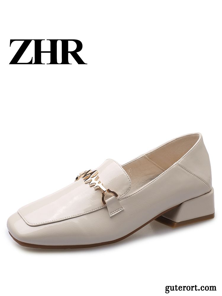 Halbschuhe Damen England Lederschuhe Neue Schnürschuhe Feder Dick Beige Farbe Hell