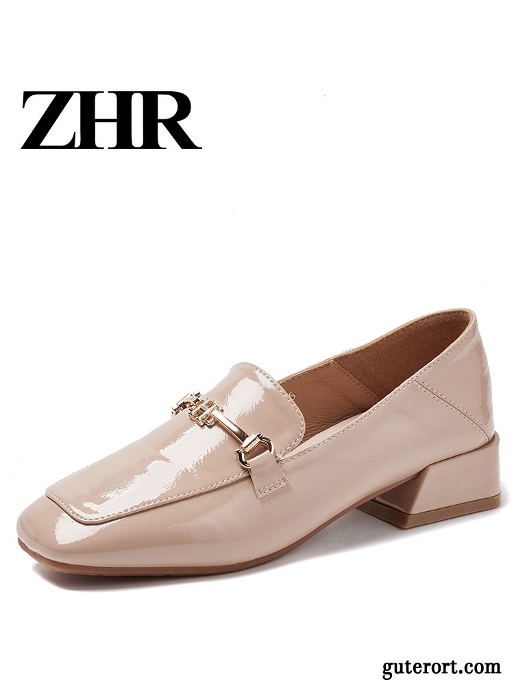 Halbschuhe Damen England Lederschuhe Neue Schnürschuhe Feder Dick Beige Farbe Hell