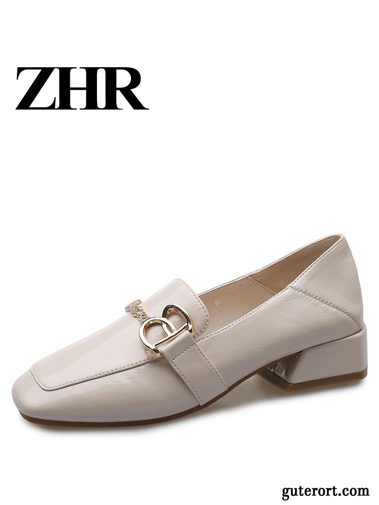 Halbschuhe Damen England Lederschuhe Neue Schnürschuhe Feder Dick Beige Farbe Hell