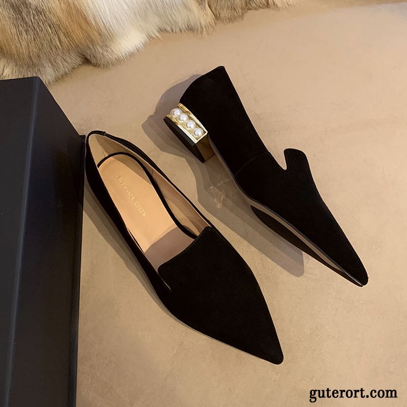 Halbschuhe Damen Spitze Elegant Flache Vorzüglich Echtleder Dick Weiß Schwarz