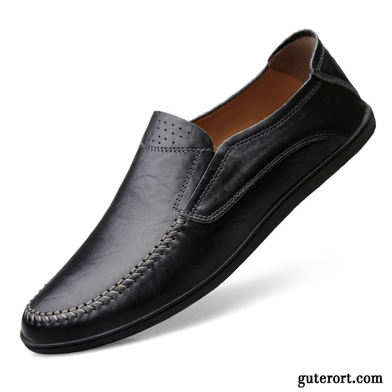 Halbschuhe Herren Atmungsaktiv Jugend Casual Echtleder Slip-on Europa Schwarz