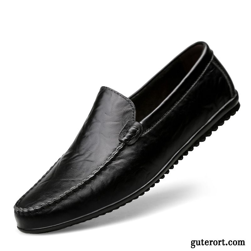 Halbschuhe Herren Casual Jugend Feder Faul Echtleder Weiche Sohle Schwarz