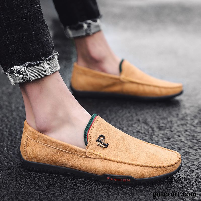 Halbschuhe Herren Feder Faul Lederschue Slip-on Atmungsaktiv Trend Schwarz