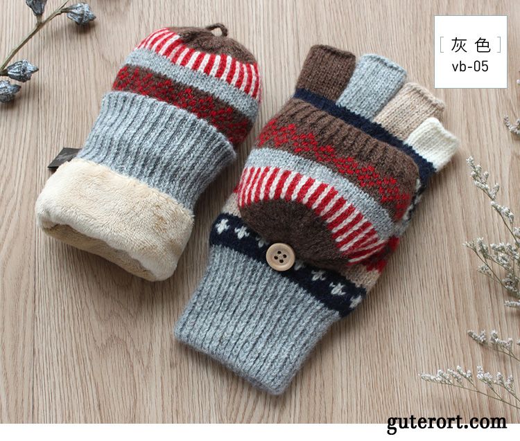 Handschuhe Damen Dicke Student Warm Halten Halber Finger Neu Winter Grau