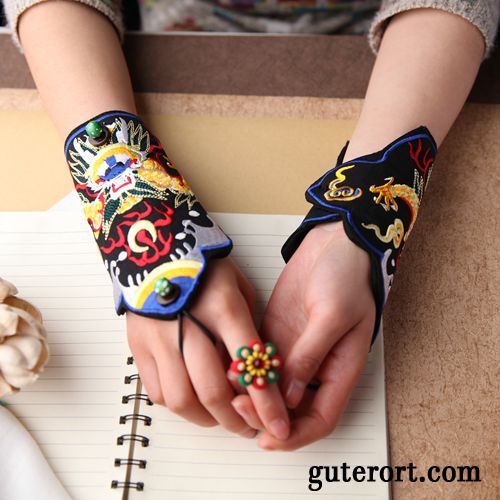 Handschuhe Damen Ethnisch Zubehör Armbänder Retro Stickerei Mittel Purpur Lila