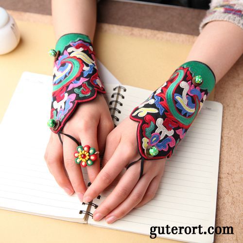 Handschuhe Damen Ethnisch Zubehör Armbänder Retro Stickerei Mittel Purpur Lila