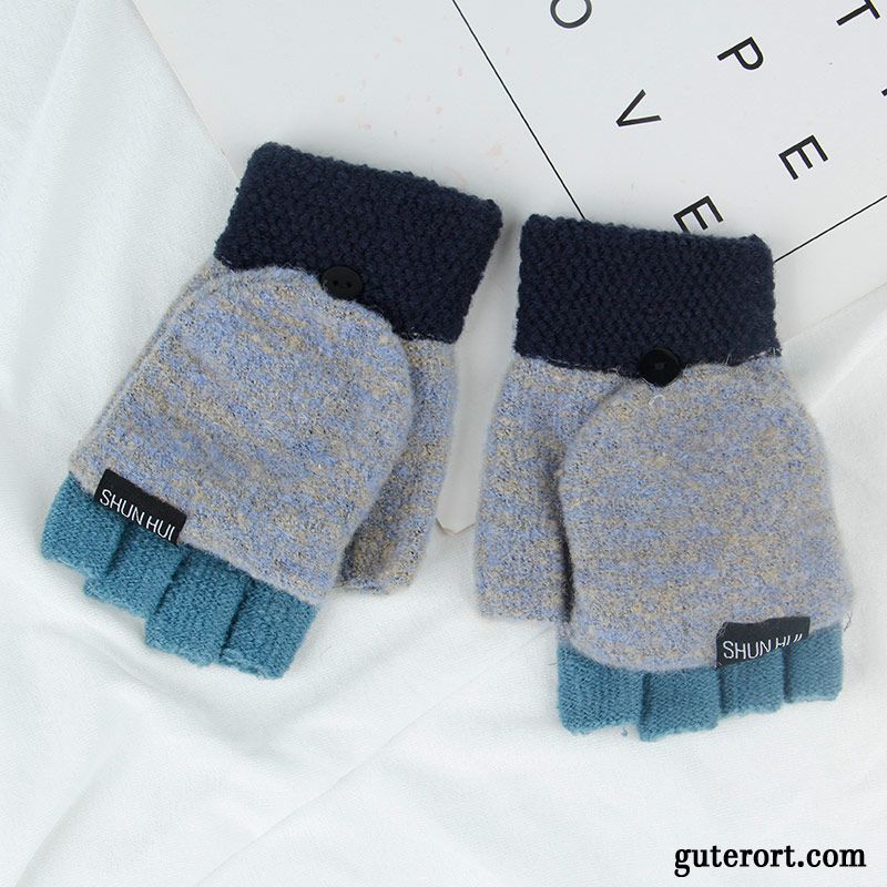 Handschuhe Damen Samt Stricken Niedlich Dicke Winter Herbst Blau