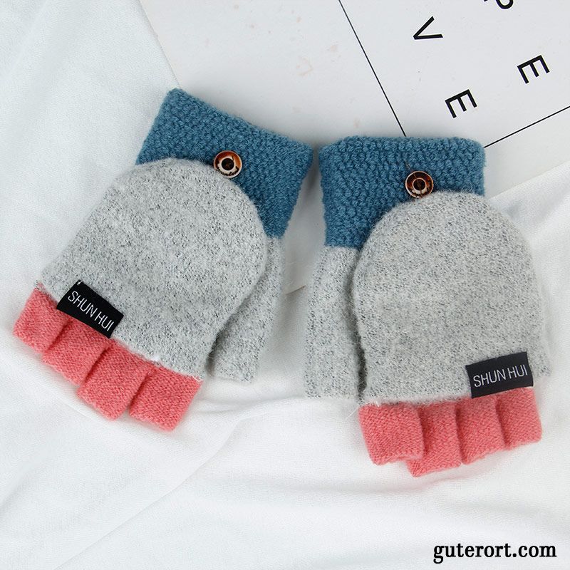 Handschuhe Damen Samt Stricken Niedlich Dicke Winter Herbst Blau