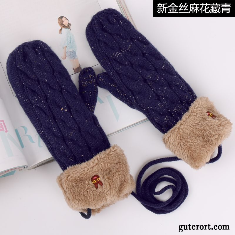 Handschuhe Damen Süß Winter Niedlich Plus Baumwolle Dicke Warm Halten Dunkelblau