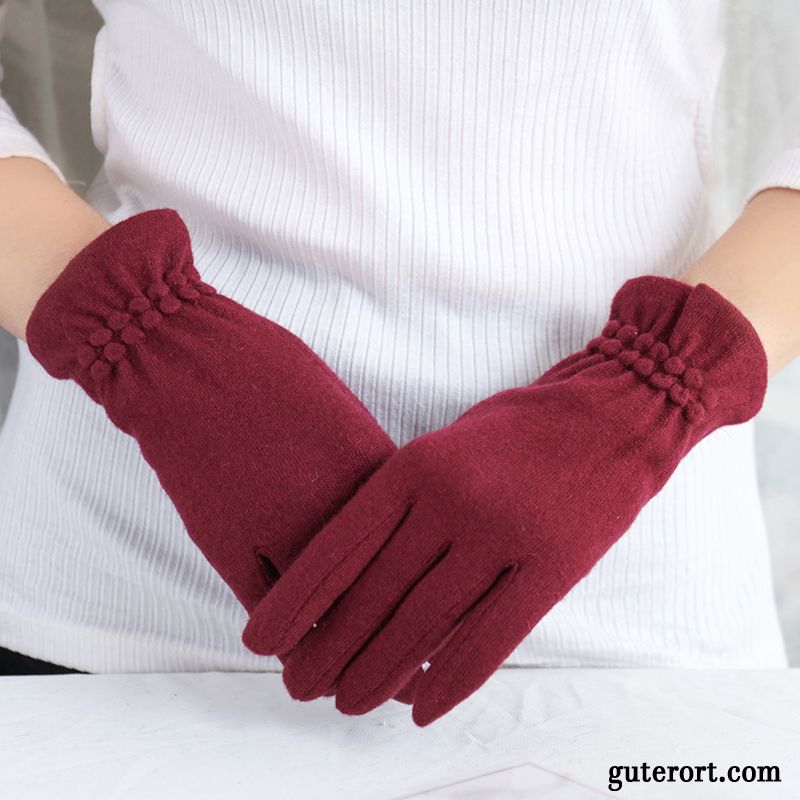 Handschuhe Damen Warm Halten Reiten Dünne Winter Schafwolle Fünf Finger Bordeauxrot