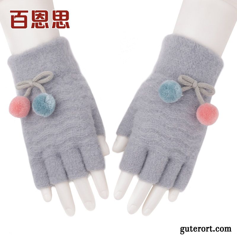 Handschuhe Damen Warm Halten Stricken Student Pelzball Halber Finger Wolle Rot