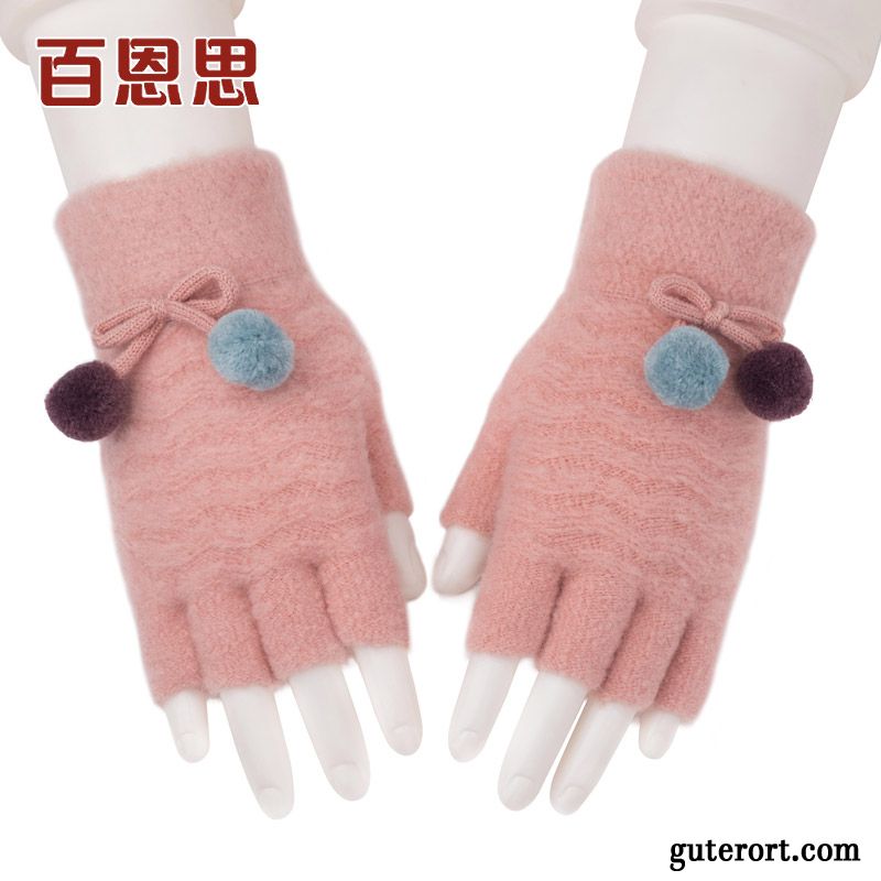 Handschuhe Damen Warm Halten Stricken Student Pelzball Halber Finger Wolle Rot