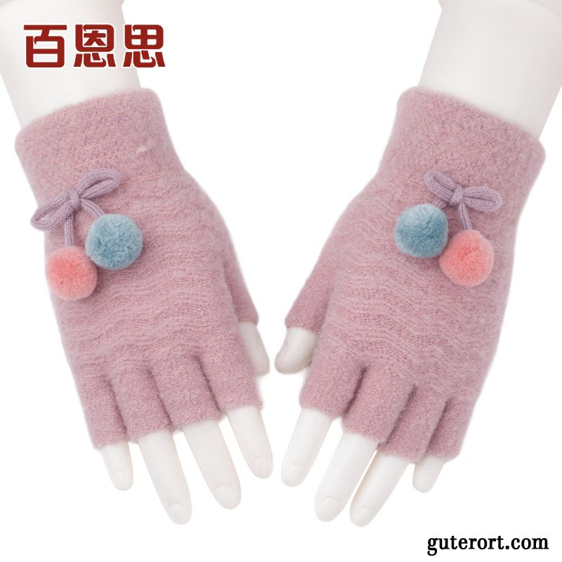 Handschuhe Damen Warm Halten Stricken Student Pelzball Halber Finger Wolle Rot