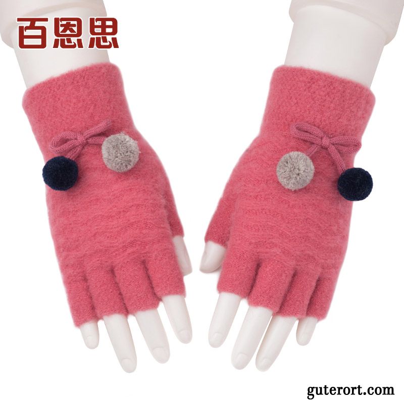 Handschuhe Damen Warm Halten Stricken Student Pelzball Halber Finger Wolle Rot