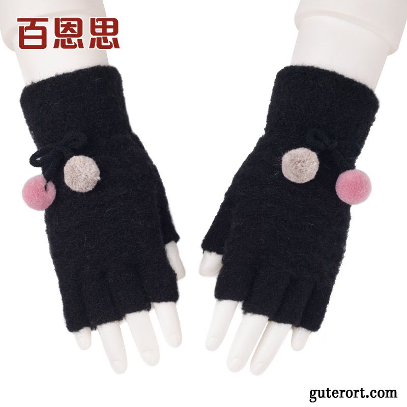 Handschuhe Damen Warm Halten Stricken Student Pelzball Halber Finger Wolle Rot