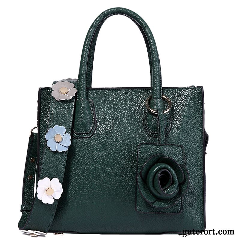 Handtaschen Damen Weiches Leder Jeden Tag Stern Blumen Umhängetasche Tote Grün