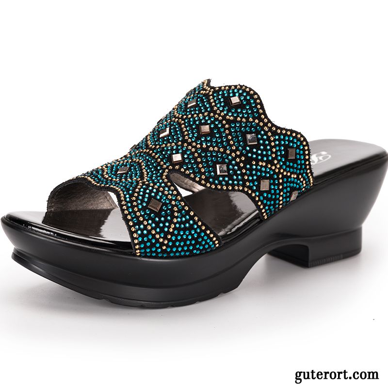 Hausschuhe Damen Gemütlich Sommer Strasssteine Keilschuhe Pantolette Echtleder Blau