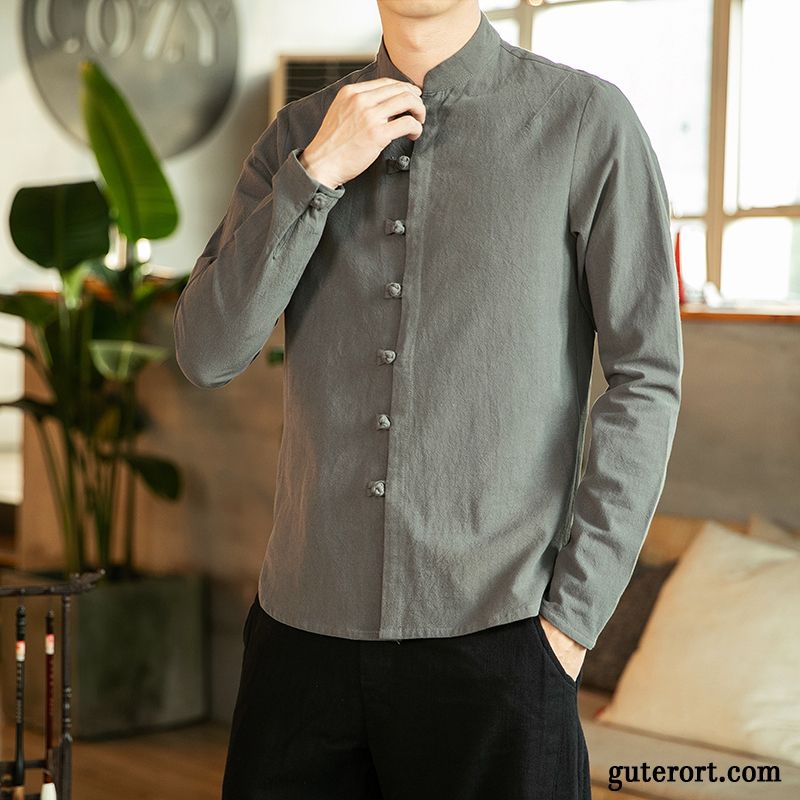 Hemden Herren Chinesischer Stil Feder Trend Mantel Große Größe Retro Blau