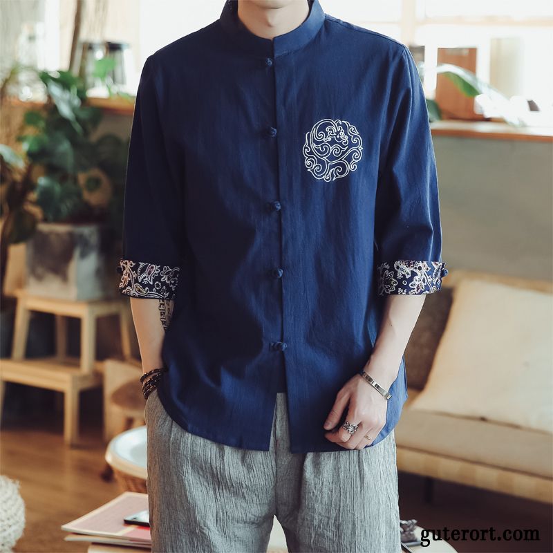 Hemden Herren Chinesischer Stil Freizeit Baumwolle Rein Stickerei Trend Grün